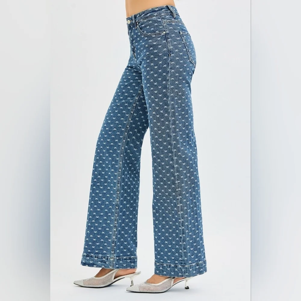 Risen High Rise Dark Wash Classic Wide Leg Jeans Bow Embroidered Various NEW - Picture 9 of 15